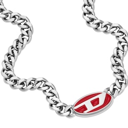 Diesel Men's Red Enamel Logo Pendant Chunky Curb Chain Stainless Steel Necklace