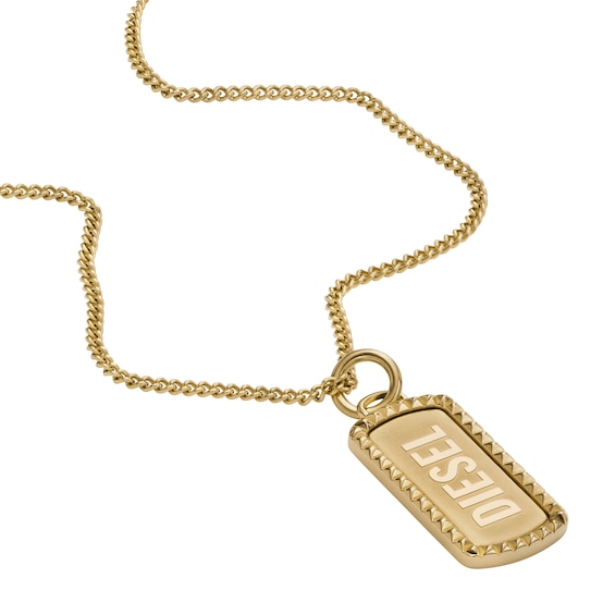 Diesel Mens Gold Tone Stainless Steel Dog Tag Necklace