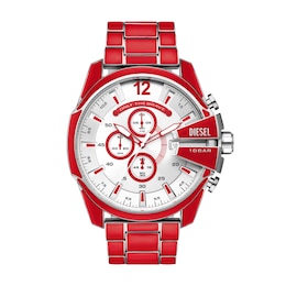 Diesel Mega Chief Men's Chronograph Silver Dial Red Enamel And Stainless Steel Bracelet Watch