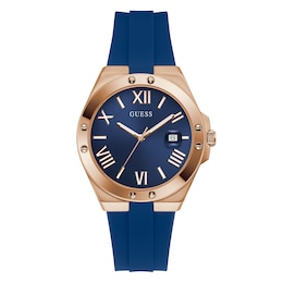 Guess Men's Blue Dial Rose Gold Tone Case With Blue Silicone Strap Watch