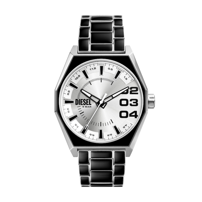 Diesel Men's Silver Dial Black Enamel and Stainless Steel Bracelet Watch