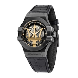 Maserati Potenza Men's Bold Skeleton Logo Dial Black Leather Strap Watch