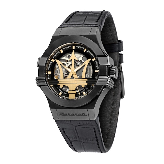 Maserati Potenza Mens Bold Skeleton Logo Dial Black Leather
