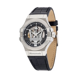 Maserati Potenza Men's Skeleton Logo Dial Black Leather Strap Watch