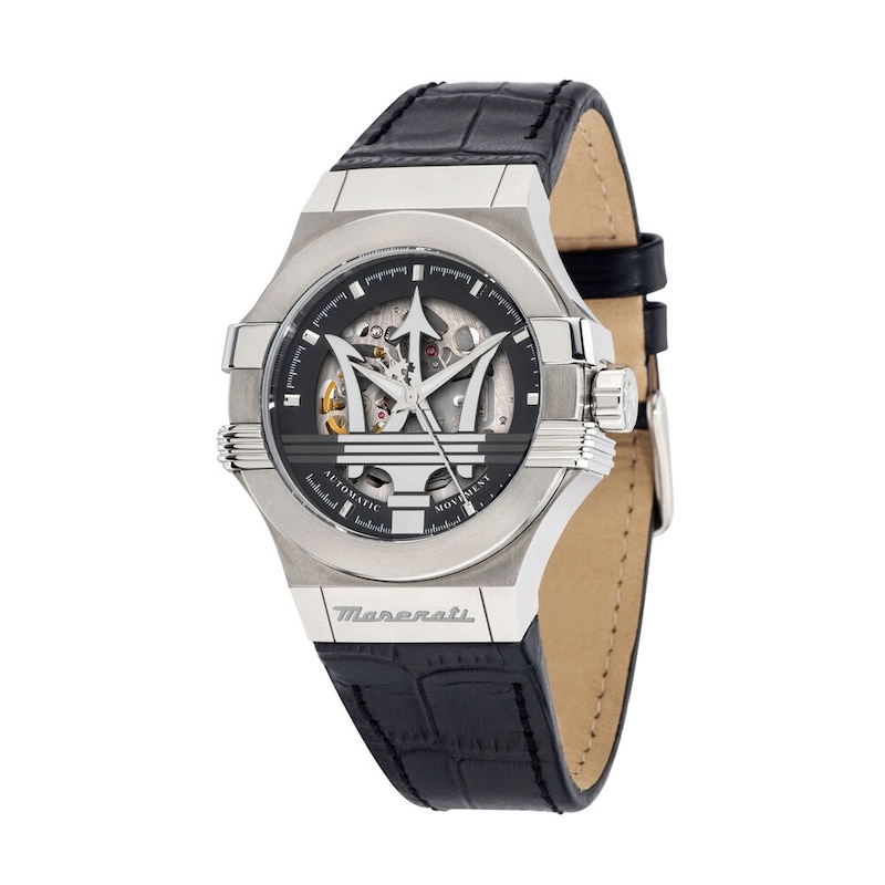 Main Image 1 of Maserati Potenza Men's Skeleton Logo Dial Black Leather Strap Watch