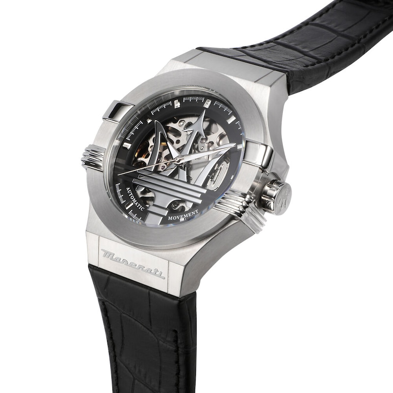 Main Image 4 of Maserati Potenza Men's Skeleton Logo Dial Black Leather Strap Watch