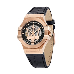Maserati Potenza Men's Rose Tone Skeleton Logo Dial Black Leather Strap Watch