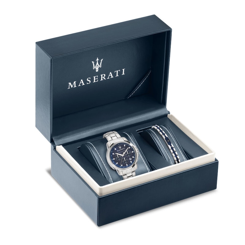 Maserati Successo Men's Blue Dial Stainless Steel Bracelet Watch & Blue Detail Chain Bracelet Set