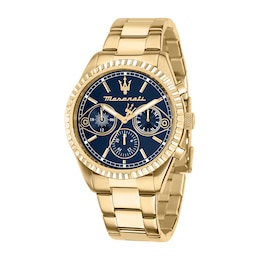 Maserati Competizione Men's Blue Chronograph Dial Gold Tone Bracelet Watch