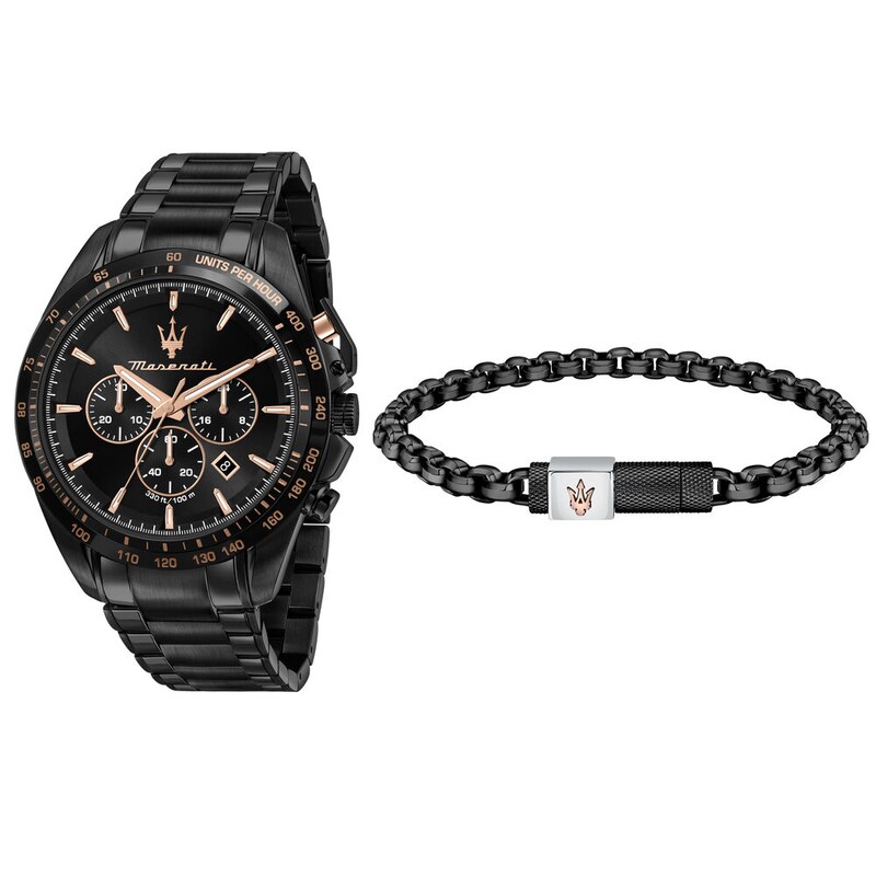 Maserati Traguardo Men's Black Bracelet Watch & Black Chain Bracelet Set