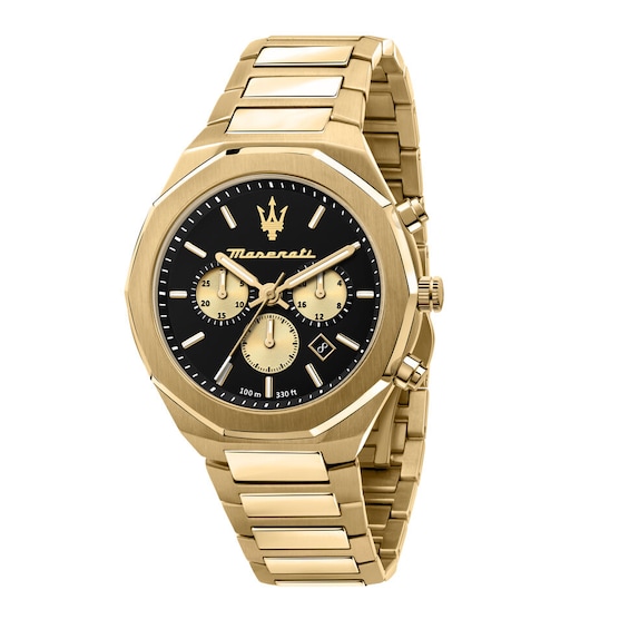 Maserati Stile Mens Black Chronograph Dial Gold Tone Bracele