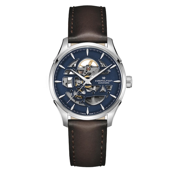 Hamilton Jazzmaster Skeleton Mens Blue Dial Brown Leather St