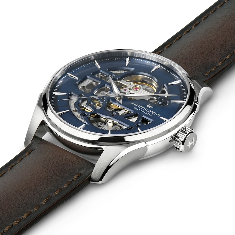 Main Image 4 of Hamilton Jazzmaster Skeleton Men's Blue Dial Brown Leather Strap Watch