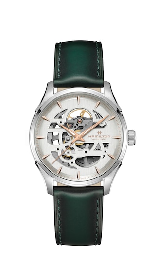 Hamilton Jazzmaster Skeleton Mens Black Dial Green Leather Strap Watch