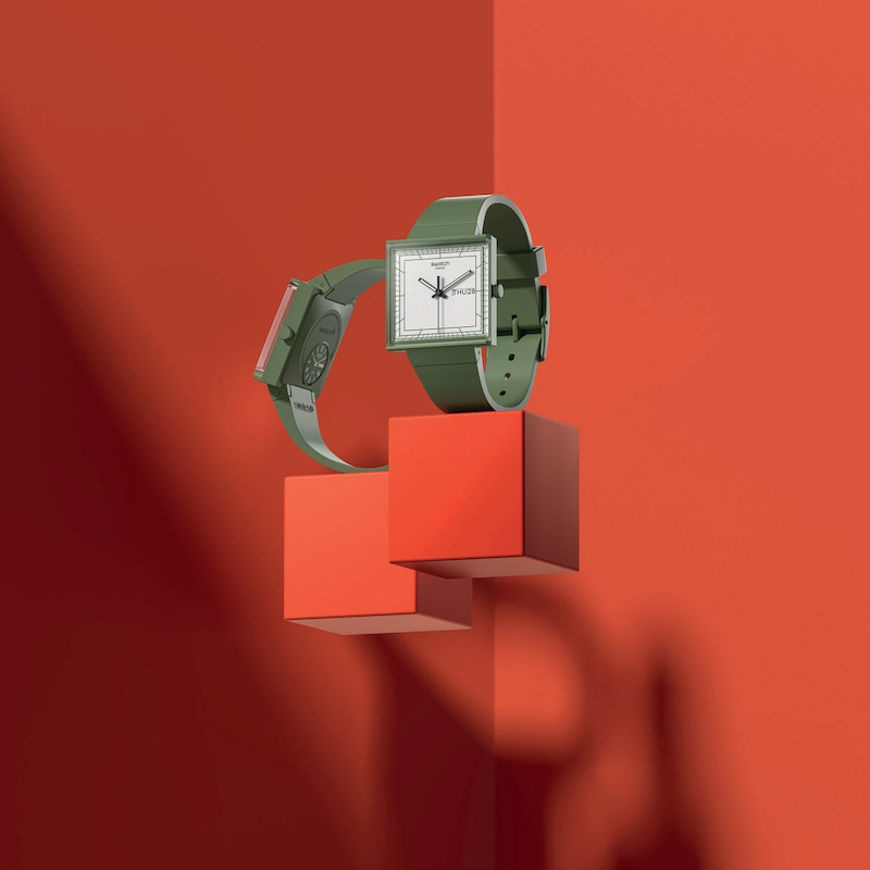 Swatch What If…Green? White Square Dial Black Biosourced Green Strap Watch