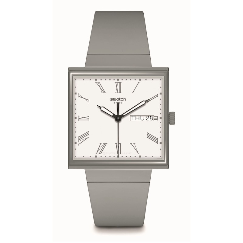 Swatch What If…Gray? White Square Dial Black Biosourced Grey Strap Watch
