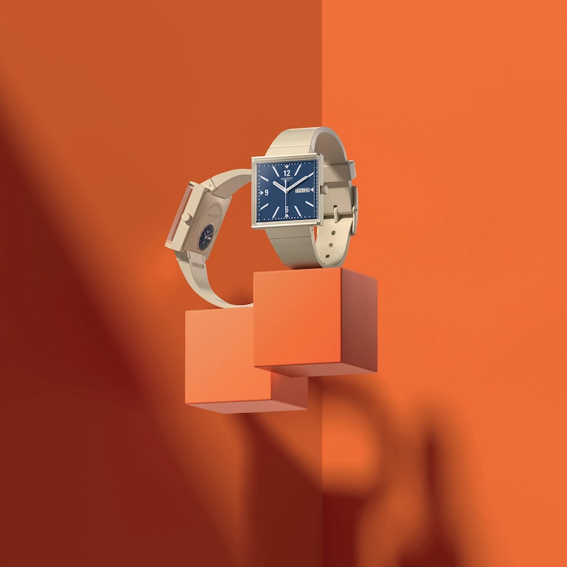 Swatch What If…Gray? Blue Square Dial Black Biosourced Beige Strap Watch
