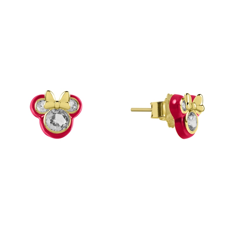 Main Image 2 of Disney 100 Sterling Silver & 18ct Gold Plated CZ & Pink Enamel Minnie Mouse Stud Earrings