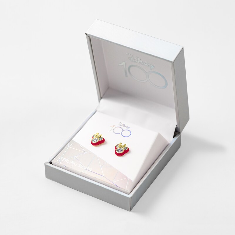 Main Image 3 of Disney 100 Sterling Silver & 18ct Gold Plated CZ & Pink Enamel Minnie Mouse Stud Earrings