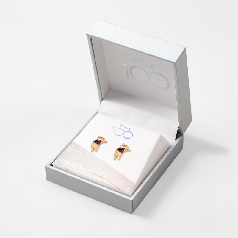 Main Image 2 of Disney 100 18ct Yellow Gold Plated Ruby Winnie The Pooh Stud Earrings