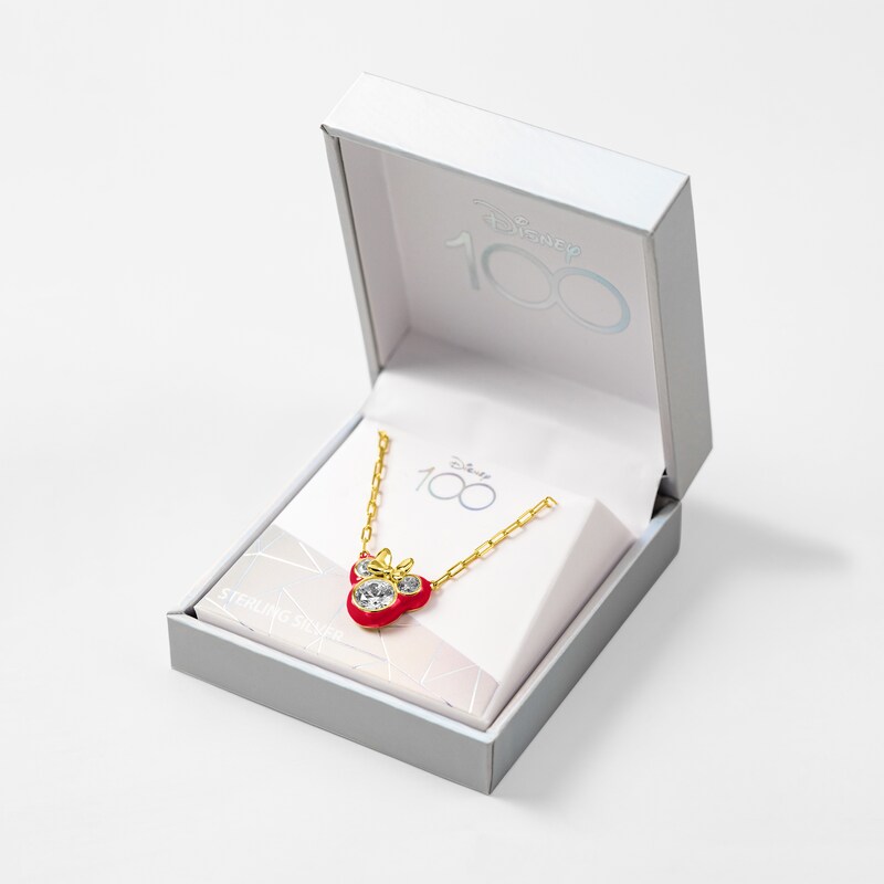 Main Image 3 of Disney 100 Sterling Silver & 18ct Gold Plated CZ & Pink Enamel Minnie Mouse Pendant Necklace