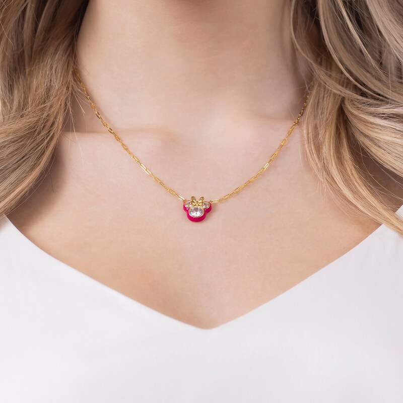 Main Image 4 of Disney 100 Sterling Silver & 18ct Gold Plated CZ & Pink Enamel Minnie Mouse Pendant Necklace