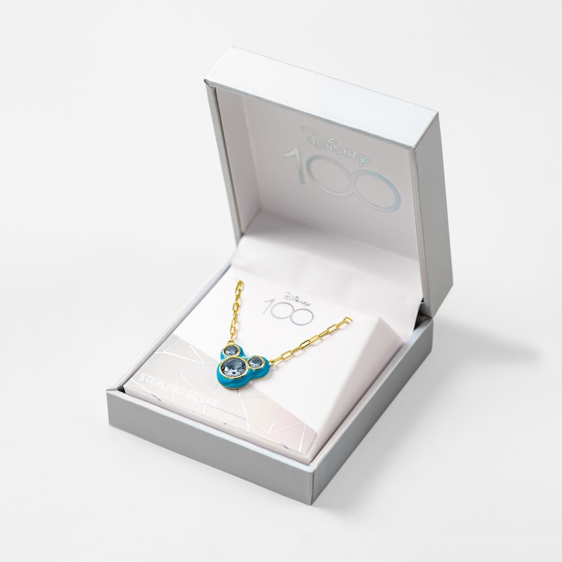Main Image 3 of Disney 100 18ct Yellow Gold Plated CZ & Blue Enamel Studs Minnie Mouse Pendant Necklace