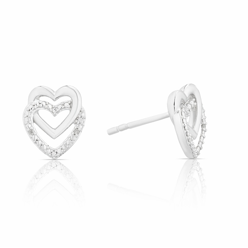 Sterling Silver Double Heart Diamond Stud Earrings
