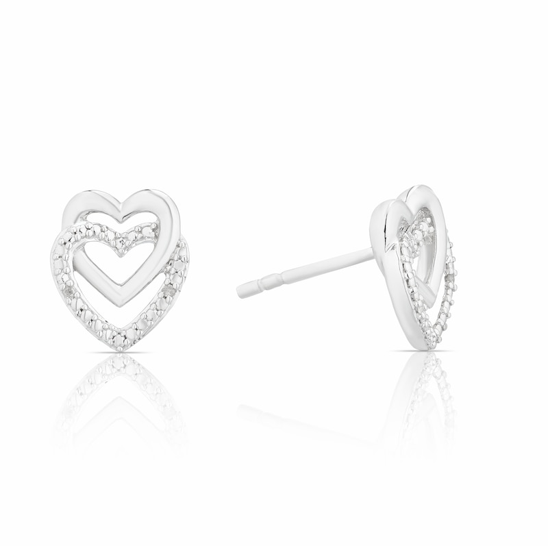 Main Image 1 of Sterling Silver Double Heart Diamond Stud Earrings