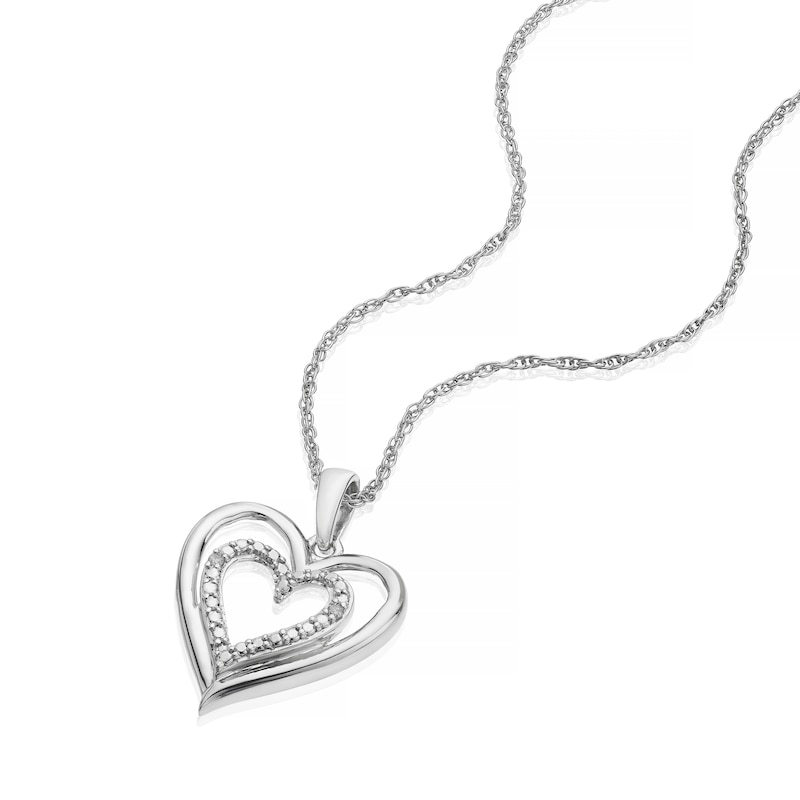 Main Image 2 of Sterling Silver Double Heart Diamond Pendant Necklace