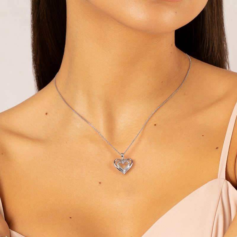 Main Image 4 of Sterling Silver Double Heart Diamond Pendant Necklace