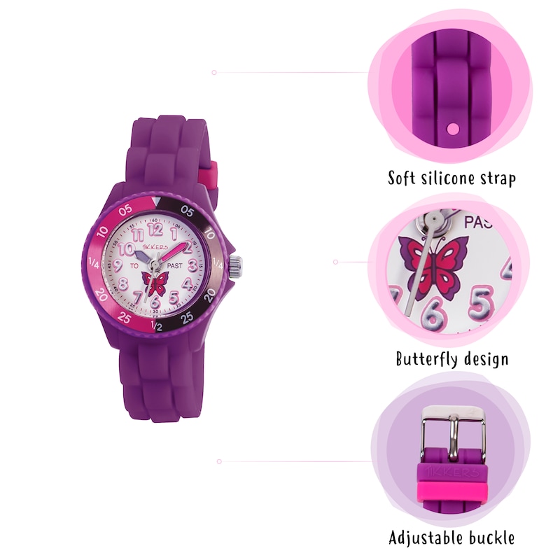 Tikkers Children's Purple Silicone Strap Butterfly Time Teacher Watch