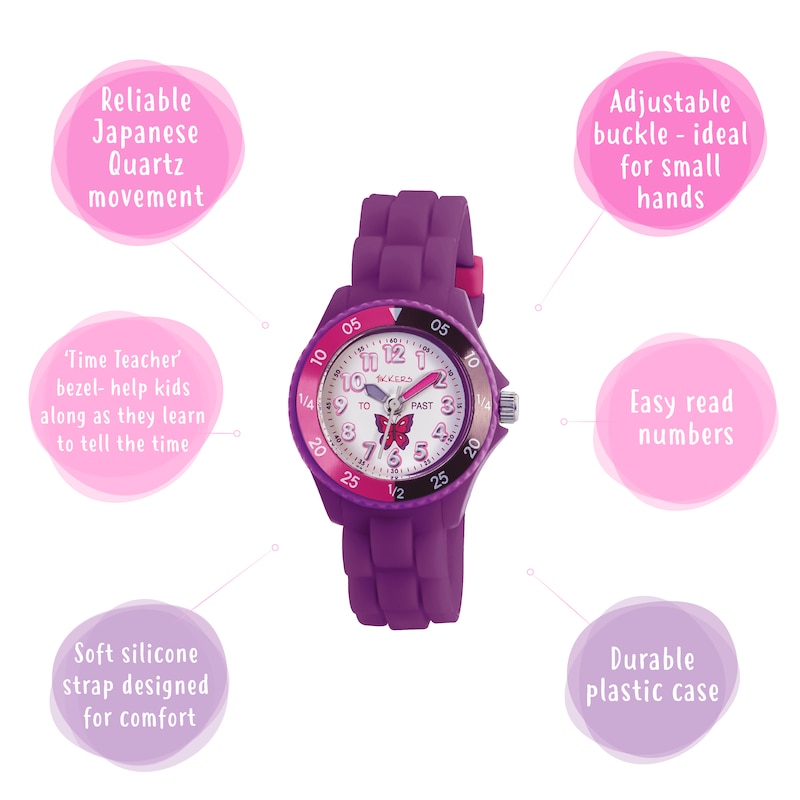 Tikkers Children's Purple Silicone Strap Butterfly Time Teacher Watch