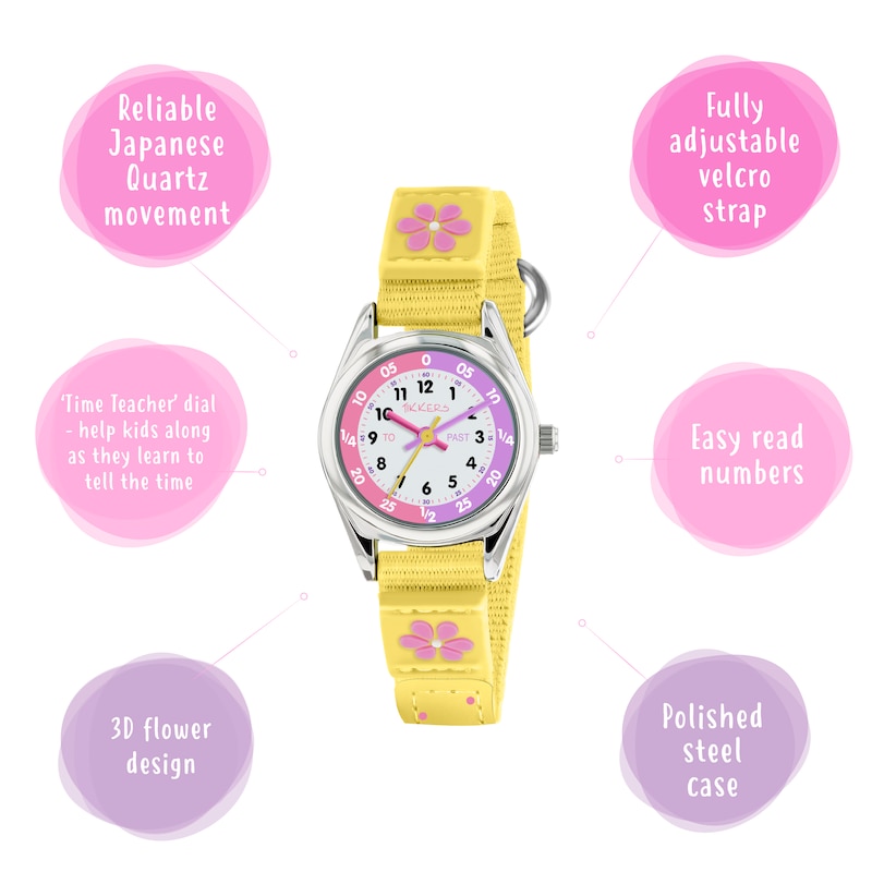 Tikkers Children's Yellow Fabric Strap Flower Time Teacher Watch