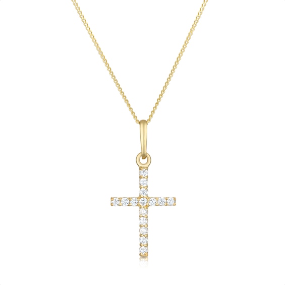 9ct Yellow Gold 18 Cubic Zirconia Cross Pendant Necklace
