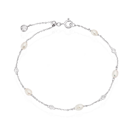 Sterling Silver CZ and Freshwater Pearl Station Drop Bracele