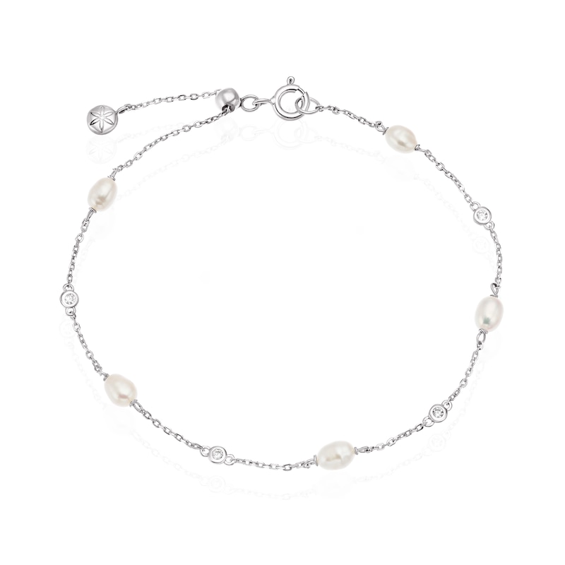 Main Image 1 of Sterling Silver CZ & Freshwater Pearl Station Drop Bracelet