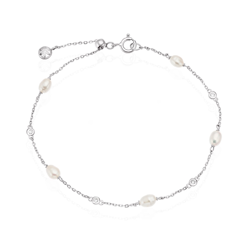 Sterling Silver CZ & Freshwater Pearl Station Drop Bracelet