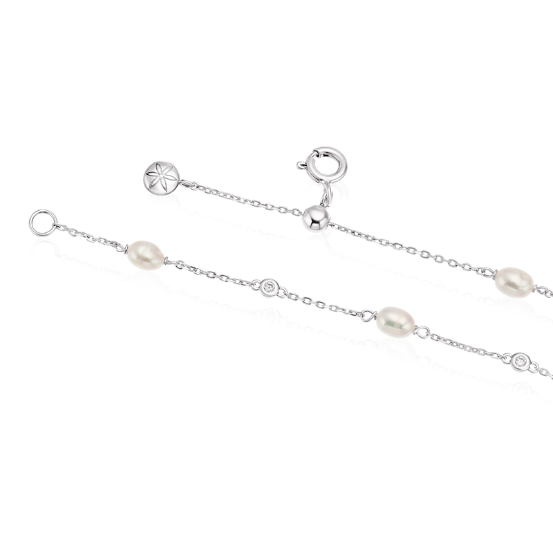 Sterling Silver CZ & Freshwater Pearl Station Drop Bracelet