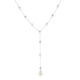 Sterling Silver CZ & Freshwater Pearl Station Drop Necklace