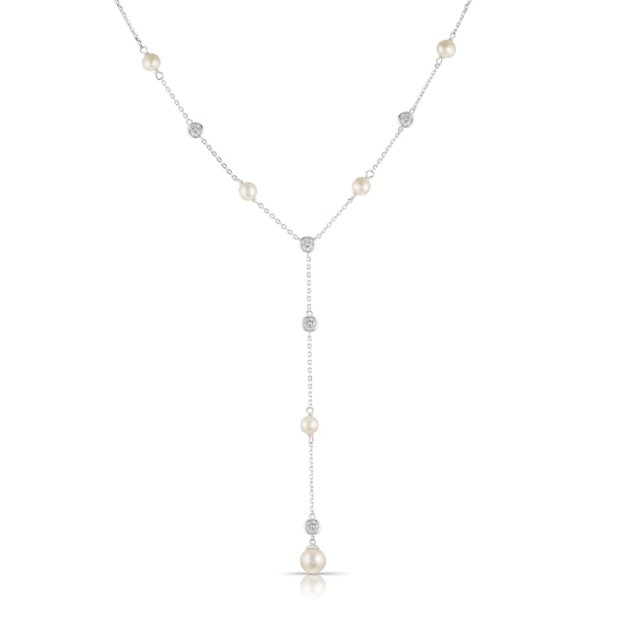 Sterling Silver CZ and Freshwater Pearl Station Drop Necklace