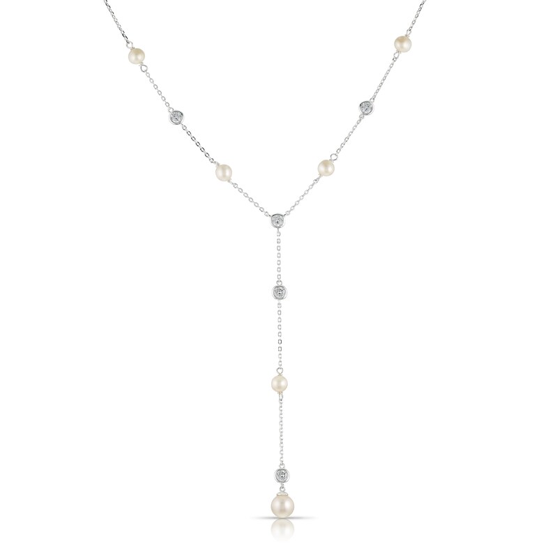 Main Image 1 of Sterling Silver CZ & Freshwater Pearl Station Drop Necklace