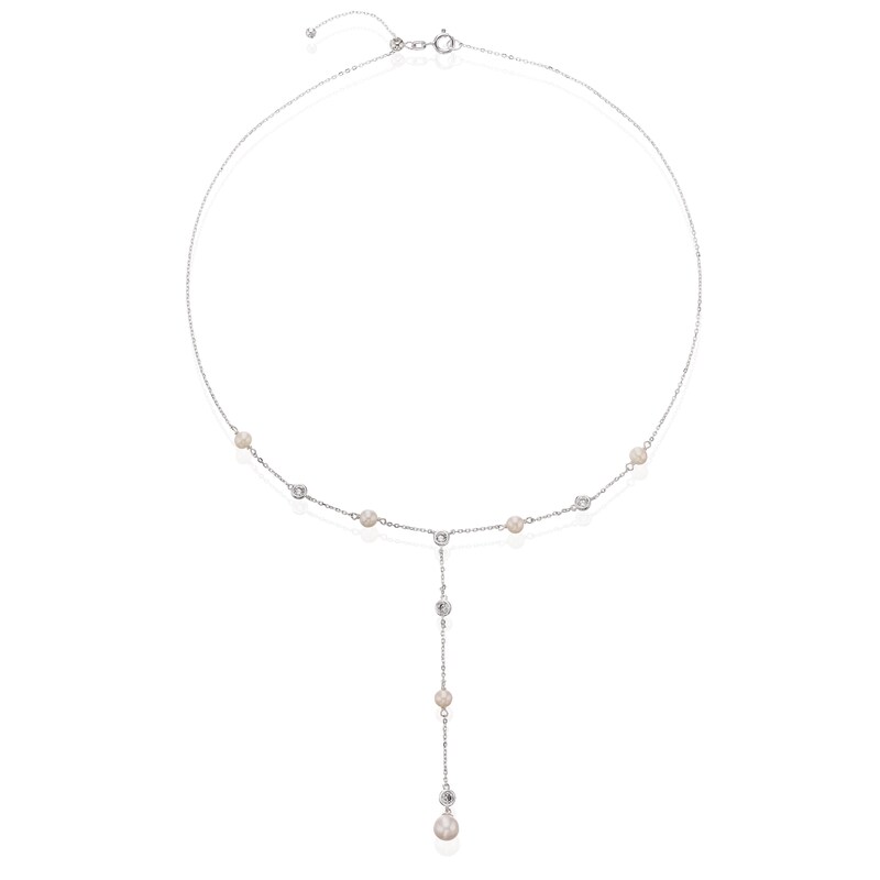 Main Image 2 of Sterling Silver CZ & Freshwater Pearl Station Drop Necklace