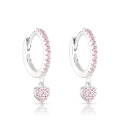 Children's Sterling Silver Pink Cubic Zirconia Heart Drop Huggie Earrings