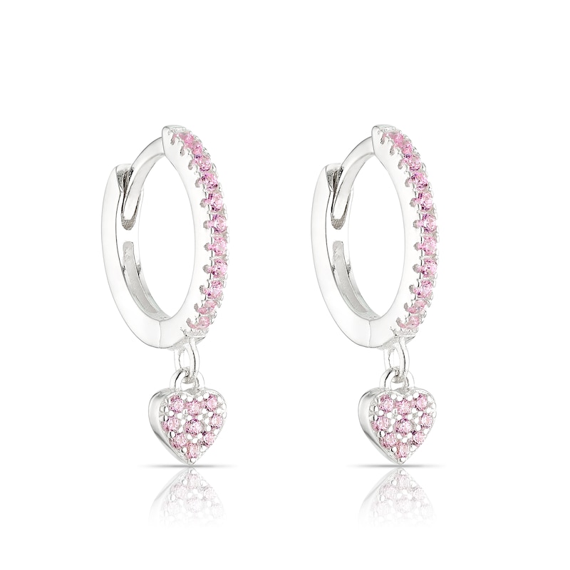 Main Image 1 of Children's Sterling Silver Pink Cubic Zirconia Heart Drop Huggie Earrings