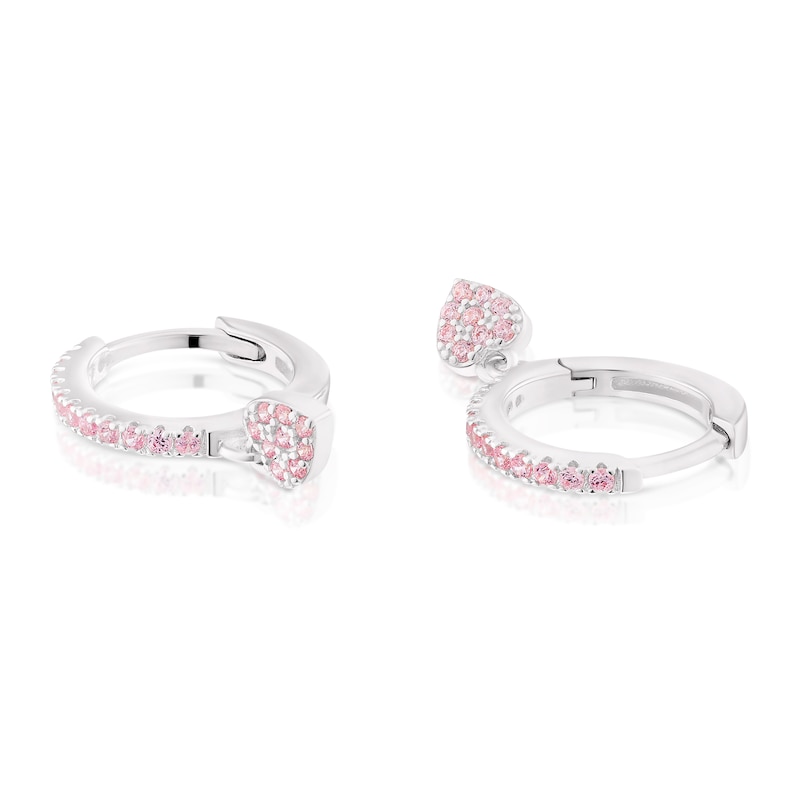 Main Image 2 of Children's Sterling Silver Pink Cubic Zirconia Heart Drop Huggie Earrings