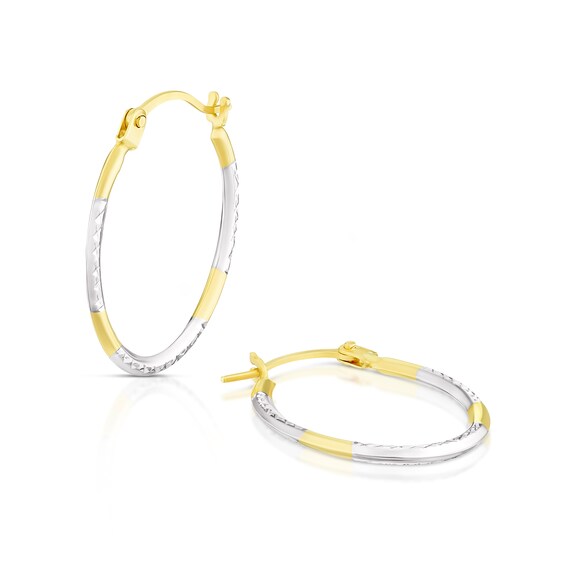 9ct Two Colour Gold Diamond Cut Small Oval Hoop Earrings