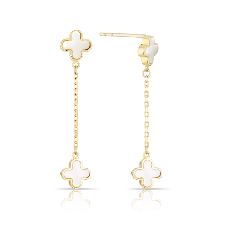 Main Image 1 of 9ct Yellow Gold Mother Of Pearl Clover Drop Earrings