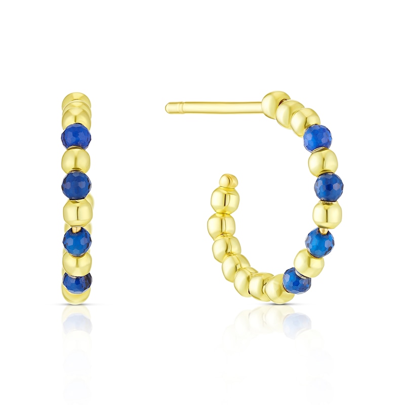 Main Image 1 of 9ct Yellow Gold Blue Beaded Open Hoop Earrings