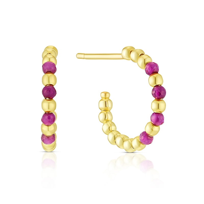 Main Image 1 of 9ct Yellow Gold Red Corundum Open Hoop Earrings